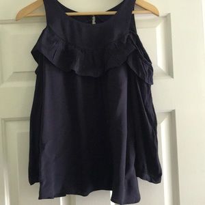 Anthro navy cold shoulder top with ruffle